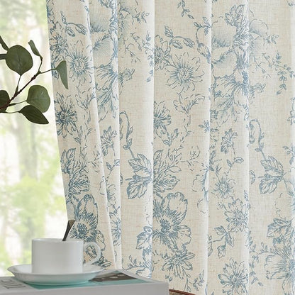 jinchan Linen Floral Curtains 63 Inch Length for Living Room Bedroom Light Filtering Farmhouse Peony Flower Drapes Rustic Window Curtain Set Rod Pocket Back Tab 2 Panels Blue
