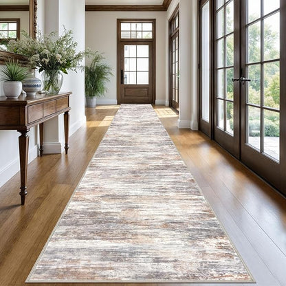 KOZYFLY Modern Abstract Washable Long Runner Rug 2.6x20 Hallway Rug Runner Non-Slip Soft Kitchen Runner Rugs, Multi Grey/Orange 20 Foot Carpet Runners for Stair Entryway Bathroom