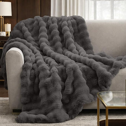 Cozy Bliss Faux Fur Bubble Throw for Couch, Fuzzy Soft Plush Thick Blanket for Sofa Bed Gift, 50x60 Inches Charcoal Grey