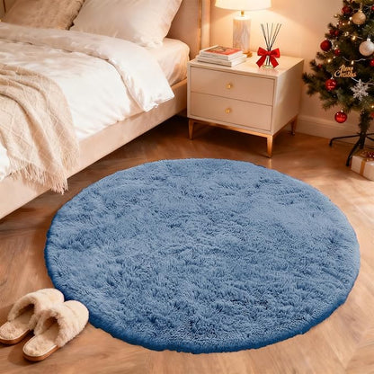 OLANLY Blue Round Rugs for Bedroom - Machine Washable, 4 ft Circle Area Rugs for Living Room, Soft and Fluffy Shaggy Carpet for Teen Girl and Boys, Nursery Rooms, Dorms, Home Decor Aesthetic