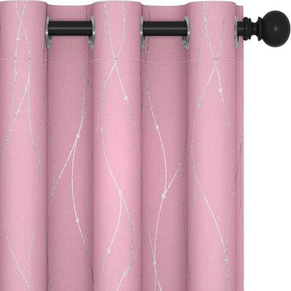 Deconovo Short Blackout Curtain, Pink Curtain, Thermal Insulated Soundproof Grommet Drapes, Wave Line Dot Foil Print, 38 x 54 Inch, 2 Panels, Machine‑Washable Window Panel for Small Windows Kitchne