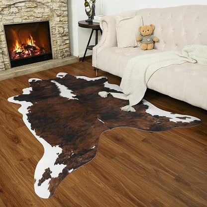 AROGAN Western Decor Faux Fur Cowhide Rug, 4.6x5.2 Feet Premium Animal Skin Cow Hide Rug, Sturdy Cow Print Rugs for Wall Decor, Western Floor Carpet for Bedroom Living Room, Black and Brown