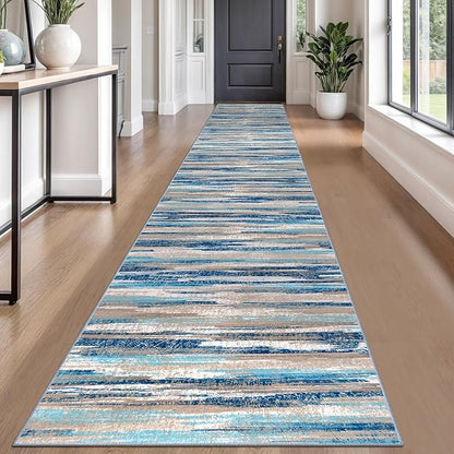 Lansny Modern Abstract Runner Rug 2.6x18, Blue Washable Long Kitchen Runner Non-Slip Soft Hallway Rug Runner Thin Print Faux Wool Carpet for Entryway Bedroom Laundry Room Indoor Home Decor