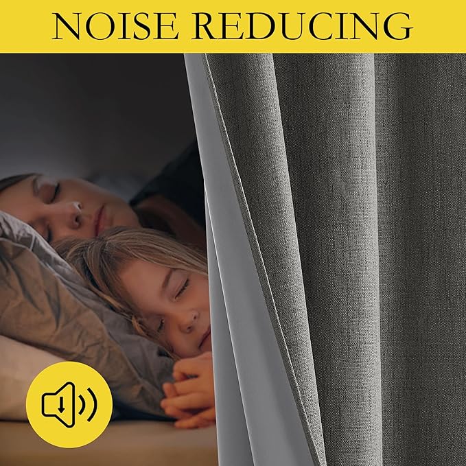 NICETOWN Grizzle Gray Vintage Linen 100% Blackout Curtains for Living Room, Thermal Insulated Curtains 72" Long, Noise Reducing Window Treatment Drapes for Hall Room, 52" Wide Per Panel, Set of 2