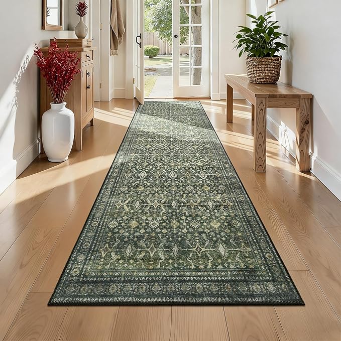 Lofus 2X 8 Area Rug for Hallways,Green Washable Runner Rugs with Non Slip Rubber Backing, Low Pile Soft Carpet Runner for Kitchen Bathroom Bedroom Laundry