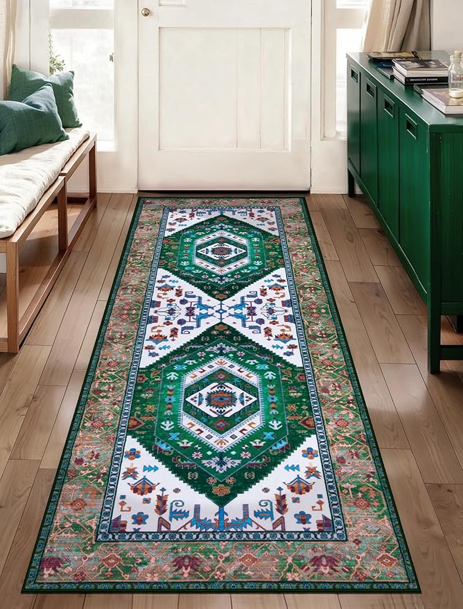 SERISSA Boho Washable Runner Rug, 2x5 Rug Runner Non-Slip Vintage Green White Hallway Kitchen Runner Rug Ultra Soft Print Distressed Floor Carpet Runner for Bedroom Bathroom Laundry Living Room