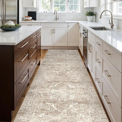 4x10 Washable Hallway Runner Rug - Wide Kitchen Runners Vintage Low Pile Carpet Soft Thin Floor Runner with Rubber Backing for Entryway Bedroom Living Room Home Decor (Beige)