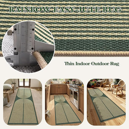 Lahome Enfys Modern Rainbow Easy Jute Kitchen Runner, 2x8 Indoor Outdoor Runner Rug for Hallway Entryway, Farmhouse Dark Green Non Slip Floor Carpet for Bedroom Foyer Laundry Room