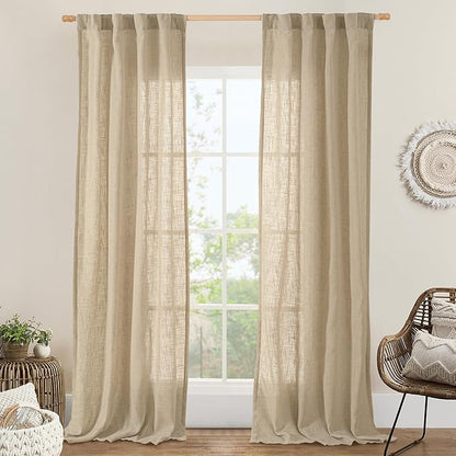 LAMIT Brown Linen Curtains 84 inch Length 2 Panels, Light Filtering Semi Sheer Panels Back Tab and Rod Pocket Boho Neutral Drapes for Bedroom/Living Room, 34 x 84 Inch