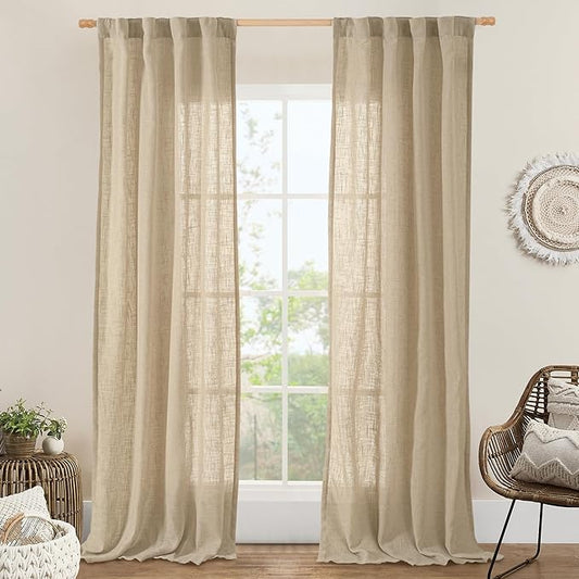 LAMIT Brown Linen Curtains 84 inch Length 2 Panels, Light Filtering Semi Sheer Panels Back Tab and Rod Pocket Boho Neutral Drapes for Bedroom/Living Room, 34 x 84 Inch