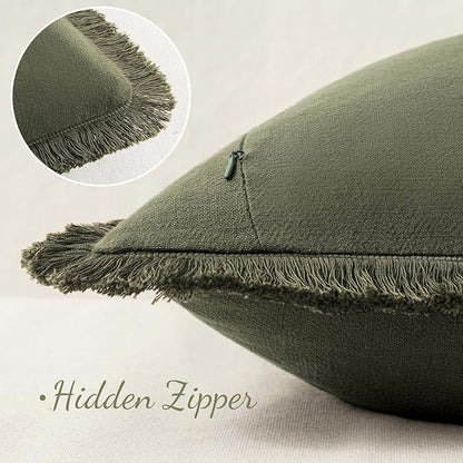 MIULEE Decorative Throw Pillow Covers Neutral Linen Fringe Throw Pillows Euro Shams Set of 2 Olive Green Boho Farmhouse Cushion Covers for Couch Sofa Bed Living Room Spring Home Decor 26x26 Inch