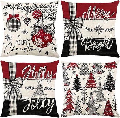 ONFAON Christmas Decorations - Merry Christmas Trees Red Throw Pillow Covers 18x18 Set of 4,Winter Holiday Decor Throw Cushion Case for Home Couch