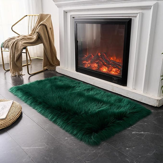 EasyJoy Ultra Soft Fluffy Shaggy Area Rug Faux Fur Rug Chair Cover Seat Pad Fuzzy Area Rug for Bedroom Floor Sofa Living Room (2 x 4 ft Rectangle, Dark Green)