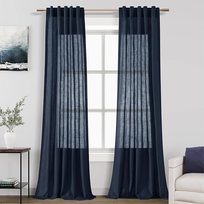 Navy Blue Linen Blend Drapes 84 Inch Length 2 Panels Set Back Tab Rod Pocket Light Filtering Semi Sheer Textured Indigo Blue Curtains Boho Farmhouse Decor Curtains for Living Room Bedroom 40x84