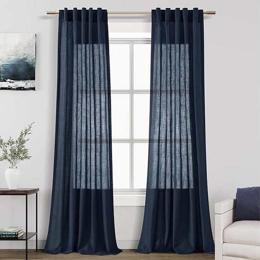 Navy Blue Linen Blend Drapes 84 Inch Length 2 Panels Set Back Tab Rod Pocket Light Filtering Semi Sheer Textured Indigo Blue Curtains Boho Farmhouse Decor Curtains for Living Room Bedroom 40x84