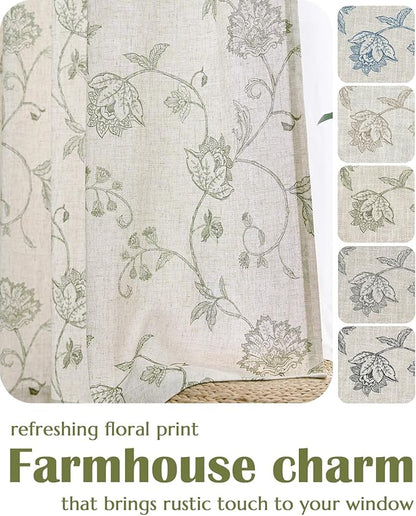 jinchan Linen Curtains Floral Curtain 84 Inch Length for Living Room Bedroom Light Filtering Rod Pocket Back Tab Jacobean Curtains Flax Linen Texture Window Drapes Set 2 Panels Green on Linen