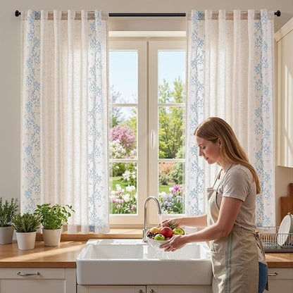 jinchan Evelyn Embroidered Linen Curtains 63 inch Floral Curtains for Living Room Bedroom Farmhouse Cottagecore Semi Sheer Light Filtering Window Drapes Rod Pocket Back Tab 2 Panels W50 x L63 Blue