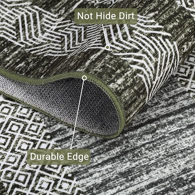 GarveeHome Modern Geometric Area Rug 2x3 Distressed Bordered Washable Non Slip Floor Small Carpet Non Shedding Thin Soft Low Pile Rug, Contemporary Green Rug for Dining Room, Living Room
