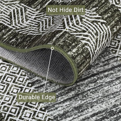 GarveeHome Modern Geometric Area Rug 2x3 Distressed Bordered Washable Non Slip Floor Small Carpet Non Shedding Thin Soft Low Pile Rug, Contemporary Green Rug for Dining Room, Living Room