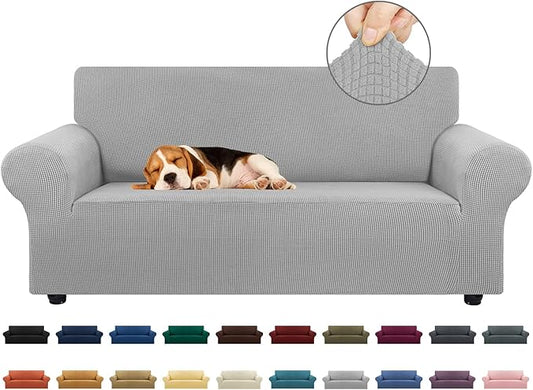 KEKUOU Stretch Loveseat Sofa Cover Slipcover,Couch Covers for 2 Cushion Couch Sofa (55"-78") Furniture Protector Sofa with Elastic Bottom for Kids,Dog. Jacquard Small Checked (Medium,Silver)