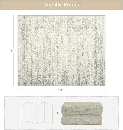Washable Rugs 8x10 Area Rugs for Living Room,Bedroom,Dining Room- Large Ultra Soft Faux Wool Retro Carpets,Non Slip&Non-Shedding Low Pile Vintage Print Rug for Home Office Decor-Beige