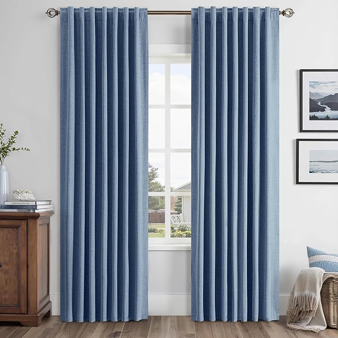 MIULEE 100% Blackout Linen Curtains for Bedroom, Blue Solid Luxury Decor Thermal Insulation Room Darkening Drapes for Living Room Nursery Back Tab Rod Pocket 42 x 90 Inches, 2 Panels