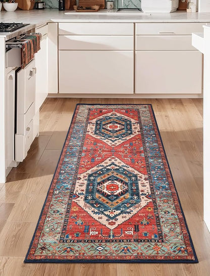 SERISSA Boho Washable Runner Rug, 2x6 Rug Runner Non-Slip Vintage Rust Hallway Kitchen Runner Rug Ultra Soft Print Distressed Tribal Floor Carpet Runner for Bedroom Bathroom Laundry Living Room