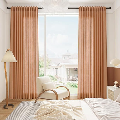 Peach Quartz Linen Curtains 96 Inch Length 2 Panel Set Back Tab Rod Pocket Textured Light Filtering Semi Sheer Boho Aesthetic Burlap Look Drapes for Bedroom and Living Room Decoration 8Ft 52x96 Inch
