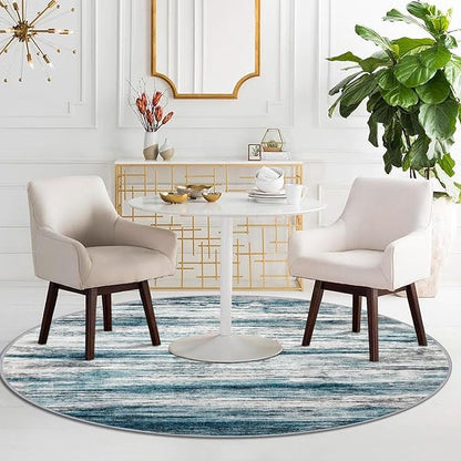 KOZYFLY Modern Abstract Round Area Rug 5Ft, Washable Kitchen Rug Non-Slip Soft Bathroom Circle Rug, Blue Striped Entryway Rugs Print Faux Wool Doormat for Bedside Entrance Bedroom Sink