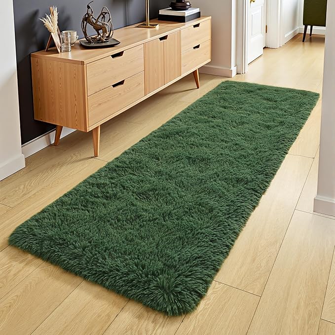 Tepook Soft Runner Rugs for Bedroom 2x6 with Rubber Backing, Dark Green Fluffy Rugs for Hallway, Shag Bedside Rug Fuzzy Plush Carpet for Living Room Dorm Nursery Indoor Home Decor