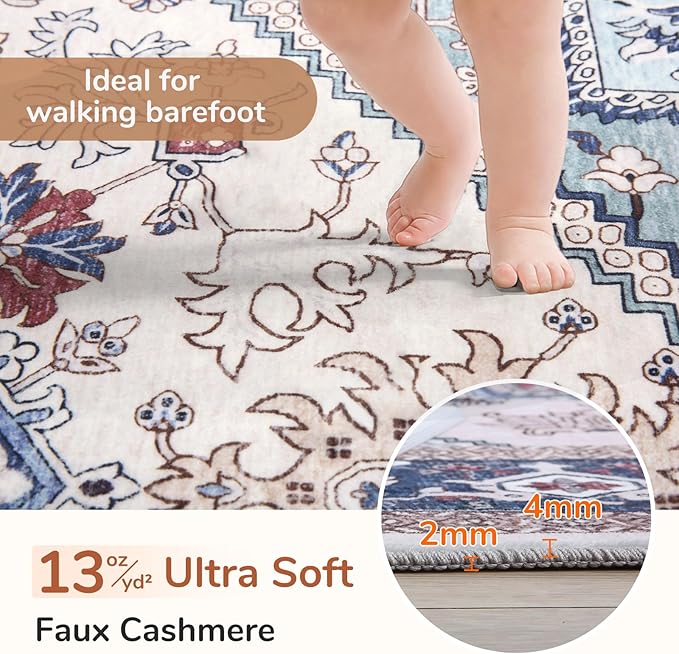 OPPODREAM Soft Entryway Rug 2x12, 2x12 Rug Runner, Washable Hallways Carpet 2 x 12 with Non Slip Backing, Low-Pile Bedside Carpet 2 x 12, Long, Faux Cashmere, Navy Blue & Red & Cream