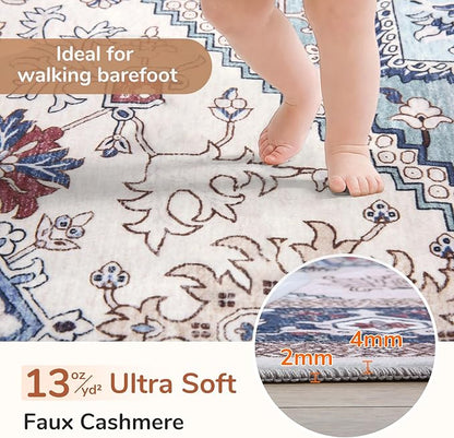 OPPODREAM Soft Entryway Rug 2x12, 2x12 Rug Runner, Washable Hallways Carpet 2 x 12 with Non Slip Backing, Low-Pile Bedside Carpet 2 x 12, Long, Faux Cashmere, Navy Blue & Red & Cream