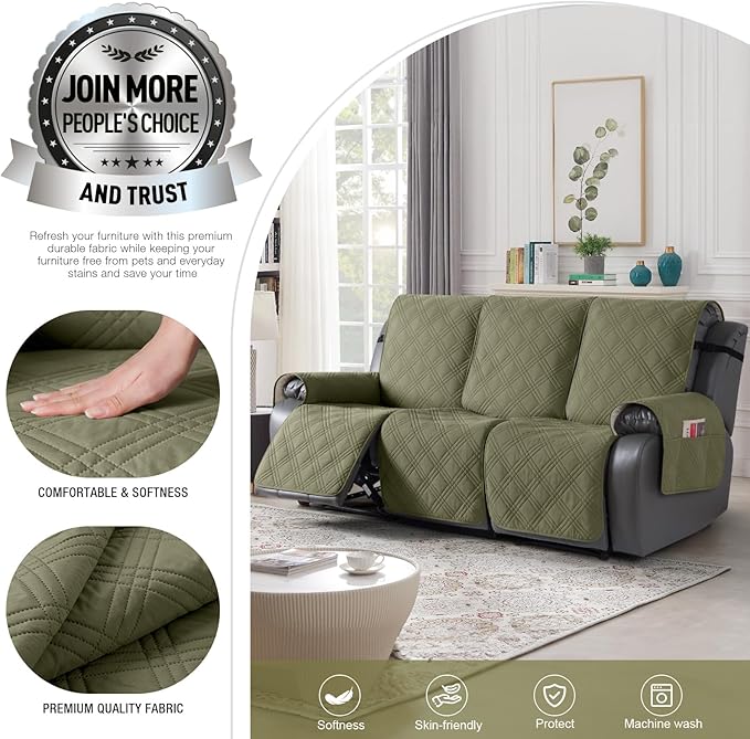 TAOCOCO 100% Waterproof Recliner Sofa Cover, Non Slip Split Couch Covers for Reclining Couches with Straps, Washable Reclining Sofa Cover Furniture Protector for Kids Pets(3 Seater, Green)