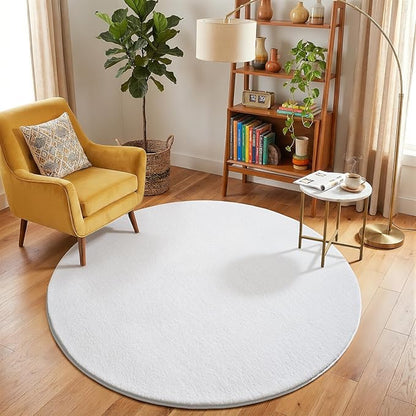 Amearea White Round Area Rugs 5ft Washable Circle Rugs for Bedroom Living Room, Fluffy Indoor Thickened Memory Foam Rug, Non Slip Minimalist Circular Carpet for Kids Boys Girls Dorm Nursery Room Decor