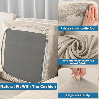 Couch Cover Velvet Chaise Cushion Cover for Sectional Sofas - Elastic L-Shaped Sofa Seat Covers Washable, Slipcover Protector (1-Piece, Taupe)