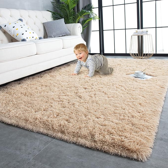 TWINNIS Super Soft Shaggy Rugs Fluffy Carpets, 10x14 Feet, Indoor Modern Plush Area Rugs for Living Room Bedroom Kids Room Nursery Home Decor, Upgrade Anti-Skid Rectangular Fuzzy Rug, Light Tan