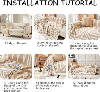 HANDONTIME Sofa Covers for Sectional Sofa Set Boho Couch Cover for Dogs Khaki Throw Couch Cover with Tassel Loveseat Covers Futon Cover L Shaped Cover Washable Chenille Couch Protector, 91" X134"