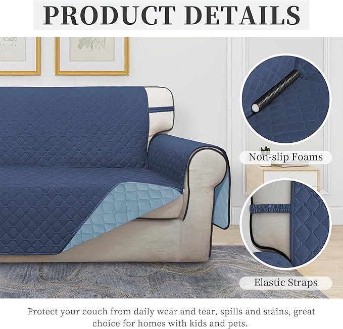ISSUNTEX Double Protection 100% Waterproof Sofa Covers for Living Room, Reversible Couch Covers for 3 Cushion Couch Sofa, Furniture Protector Sofa Cover for Pets (X Large, Dark Blue/Light Blue)