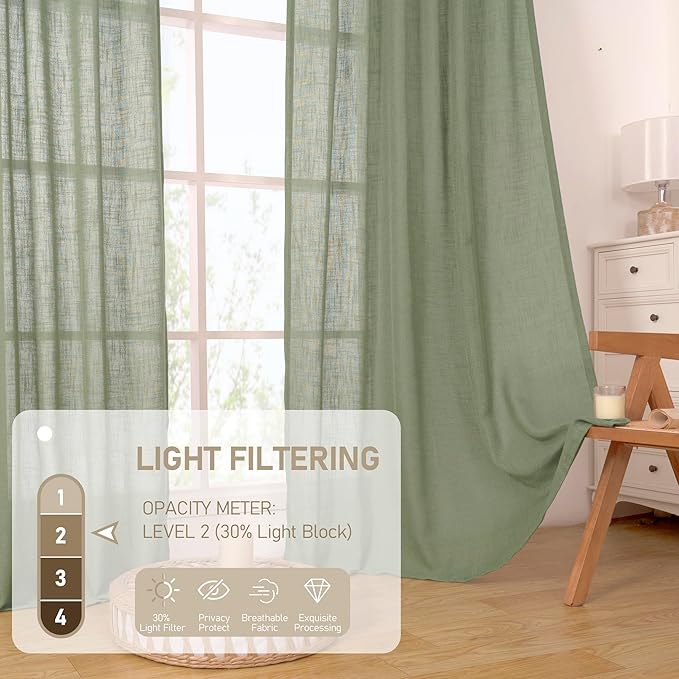 LAMIT Short Window Linen Curtains 36 Inch Length 2 Panels, Sage Green Light Filtering Panels Back Tab and Rod Pocket Neutral Drapes for Bathroom/Loft Room, 34 x 36 Inch