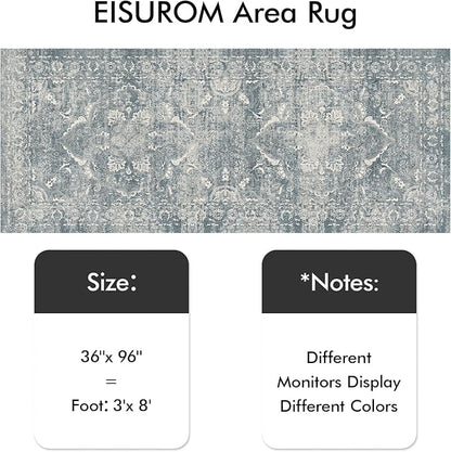 Washable 3x8 Runner Rug - Non-Slip Vintage Runner Rug for Entryway Low-Pile Medallion Long Rugs for Hallway Waterproof Traditional Runner Rug Indoor Thin Rug for Kitchen (Muted Blue)