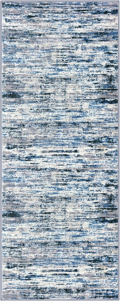 Lansny Modern Abstract Runner Rug 2x5, Grey Blue White Washable Entryway Kitchen Runner Non-Slip Soft Hallway Rug Runner Thin Print Faux Wool Carpet for Bedroom Laundry Room Indoor