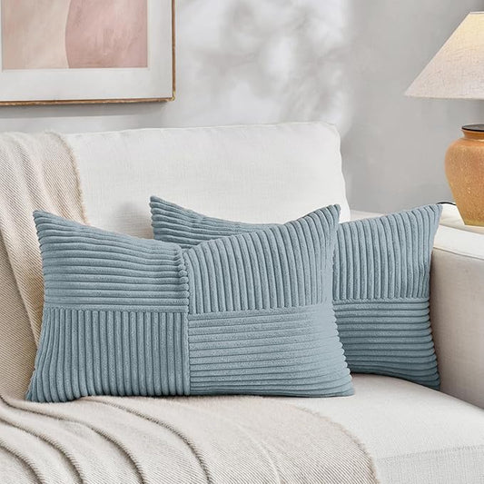 Fancy Homi Set of 2 Light Blue Lumbar Decorative Throw Pillow Covers 14x24 Inch for Couch Bed, Rustic Farmhouse Boho Home Decor, Soft Striped Corduroy Rectangle Accent Cushion Case 35x60 cm