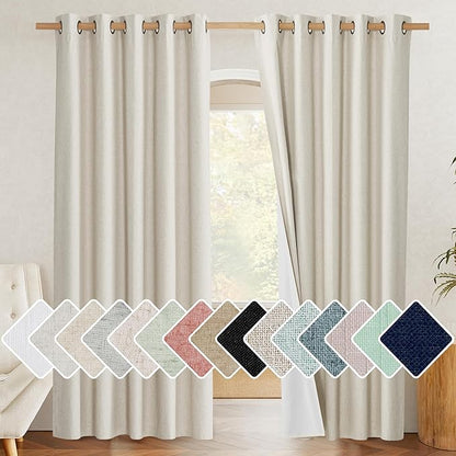 NICETOWN Farmhouse Style 100% Blackout Natural Linen Curtains 90 inches Length, 2 Panels, 62" W, Room Cooling Window Draperies with Thermal Insulated Liners for Dining Room
