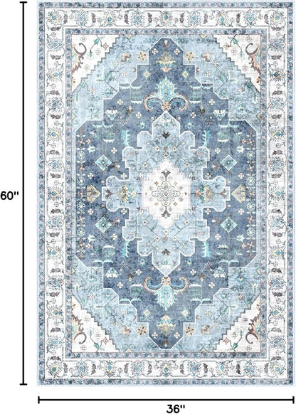 SERISSA Area Rug 3x5 Boho Blue Rugs for Bedroom, Washable Kitchen Rugs Non-Slip, Ultra Soft Print Distressed Vintage Entry Rug Low-Pile Throw Rug Carpet for Bedroom Nursery Living Room Dorm Decor