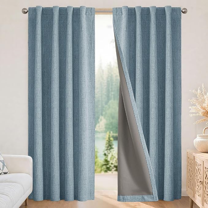 Joydeco Blackout Curtains for Bedroom - 100% Light Blocking 2 Panels Sky Blue Drapes 42" W x 84" L, Thermal Insulated Room Darkening Curtains, Linen Textured for Living Room, Rod Pocket & Back Tabs