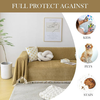 HANDONTIME Couch Covers for Pets Boho Mustard Yellow Love Seat Couch Covers Brown Sofa Cover for Dogs Pet Couch Protector Chenille Tassel Sofa Slipcovers Sofa Throw Cover Boho Decor for Living Room