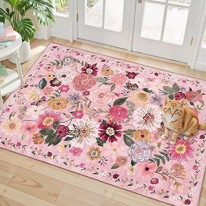 Pink Floral Rug for Entryway, 2X3 Washable Kitchen Mat Ultra-Thin Soft, Non-Slip Indoor Door Carpet Stain Resistant Boho Small Low-Pile Throw for Bathroom Bedroom (2 x 3, Pink Garden)