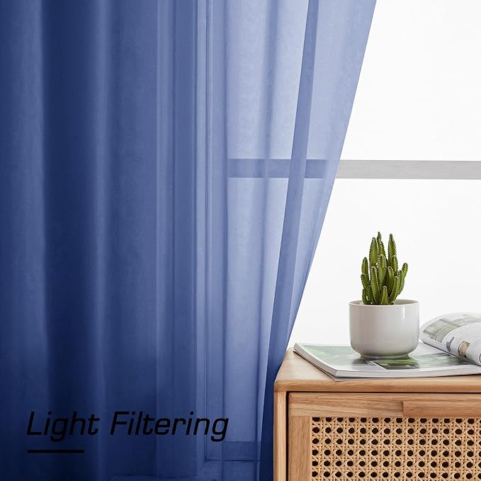 Simplebrand Royal Blue Sheer Curtains 63 Inch Length 2 Panels, Rod Pocket Solid Color Window Sheer Curtain Panels, Elegant Curtains & Drapes for Living Room, Bedroom (Royal Blue, 42" W x 63" L)