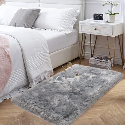 Faux Fur Rug, Grey Small Fluffy Rug for Sofa Chair Couch Cover 2x4 Feet, Gray Soft Fuzzy Shag Rug for Bedroom, Indoor Shaggy Plush Floor Carpets Luxury Home Decor for Bedside