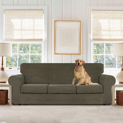 WEERRW 4 Pieces Velvet High Stretch Couch Covers for 3 Cushion Couch Sofa Slipcovers, Washable Furniture Protector with Non Slip Elastic Bottom, Feature Soft and Thick Plush Fabric, Light Brown, Large